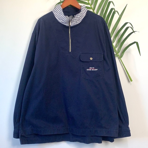 Vintage Y2K Eddie Bauer Navy 3/4 Zip Long Sleeve Sweater 100% Cotton Tall XL - Picture 10 of 10